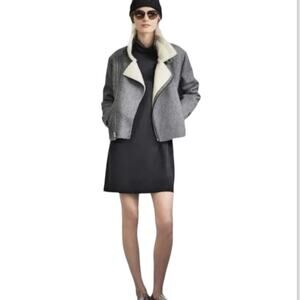 J.O.A shearling lined raw edge moto biker jacket neutral casual Sherpa chic